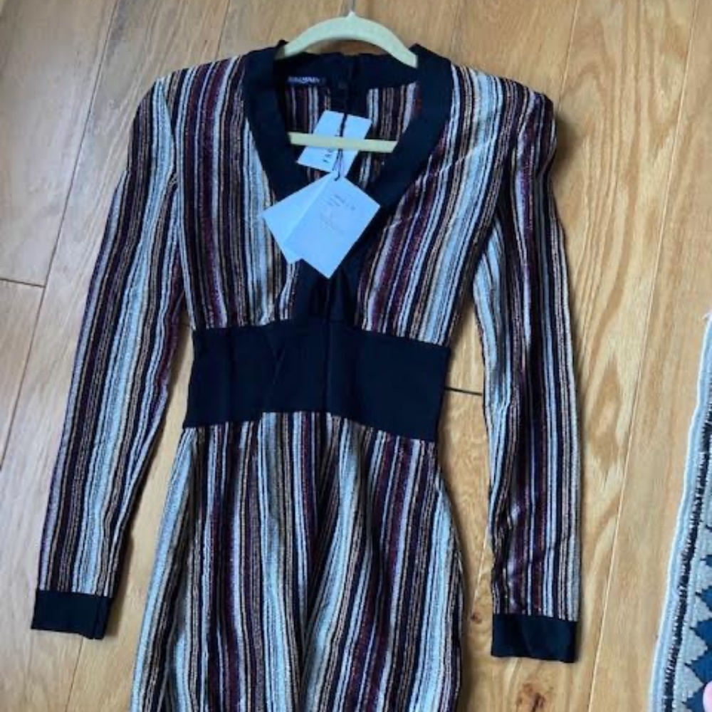 BNWTS Balmain Signature Metallic Striped Bodycon V-Neck Mini Dress sz XS